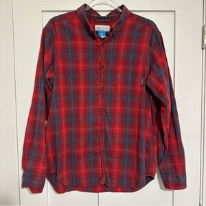 Columbia Men's Red and Blue Plaid Button Down Cotton Shirt • Large